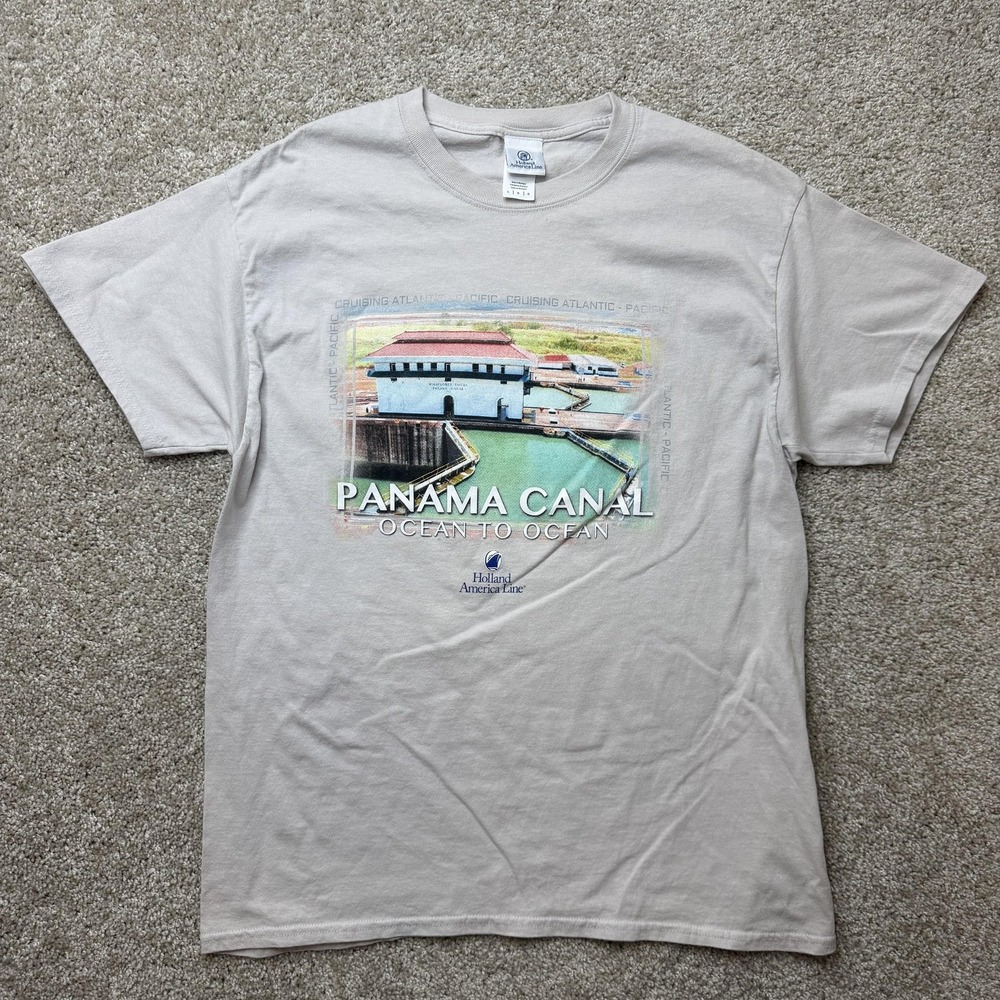 Panama Canal Holland America Line Shirt Mens Large Beige Cruise Tee T-Shirt